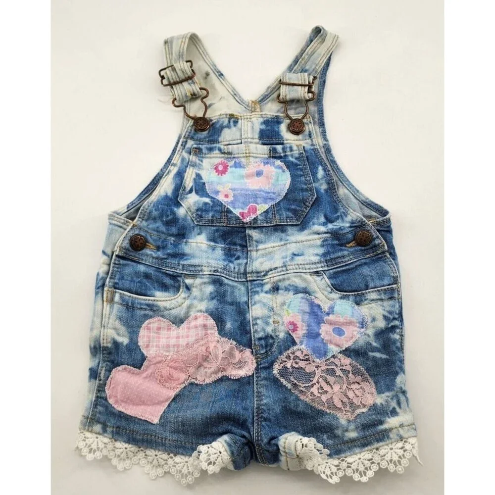 OshKosh B'Gosh Customized Short Overalls Lace Trim Heart Applique Bleach Dye 18M